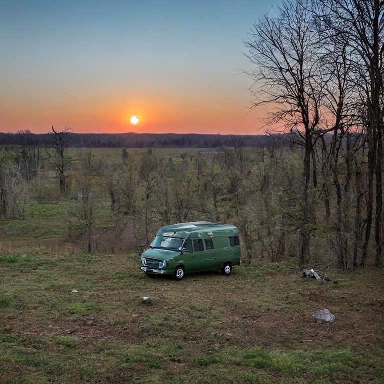 A green camper van rests on a rocky dirt campsite in the quiet woods of Upstate New York. Soft fog drifts through the trees as the sun sets, with a deer in the distance and the moon rising above.