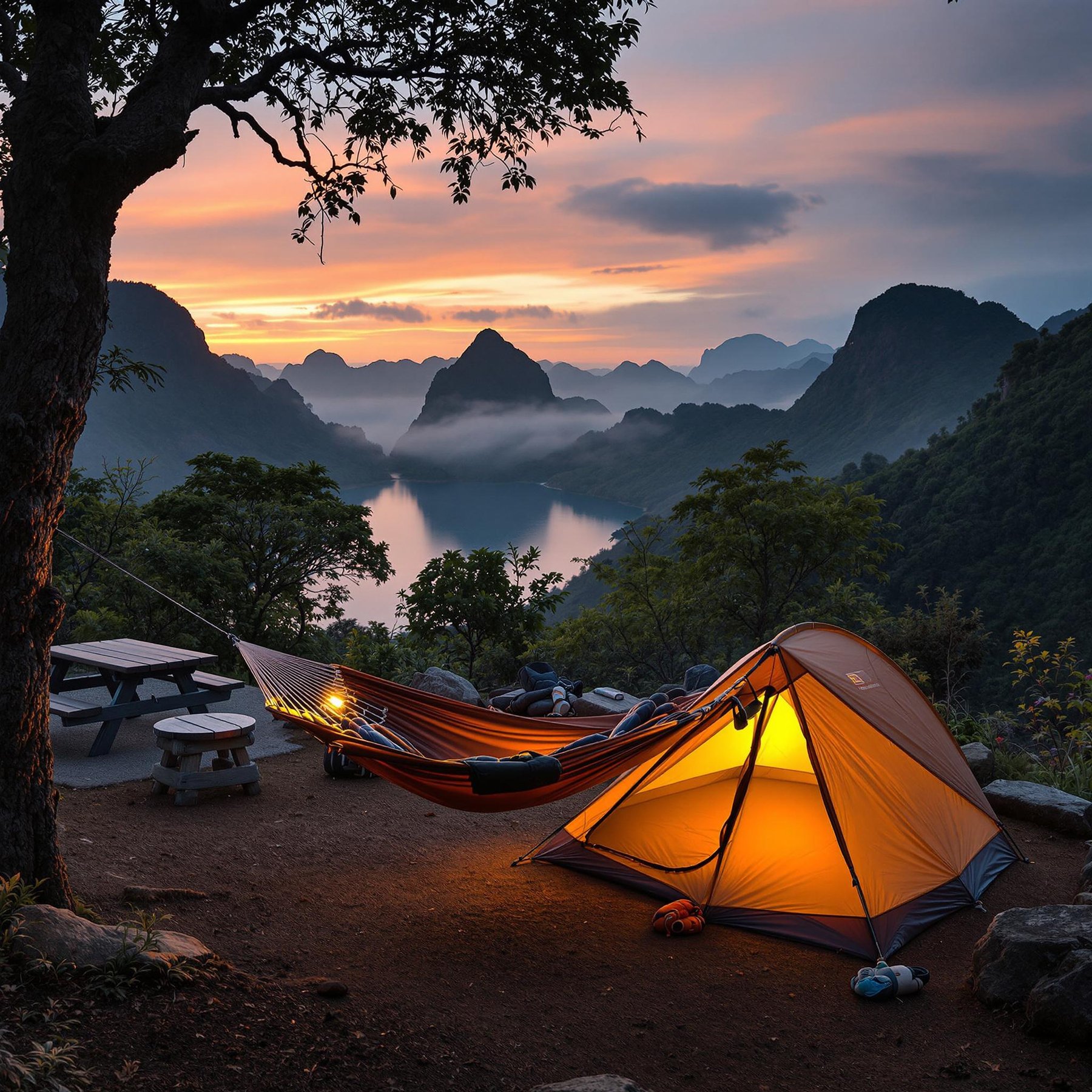 A glowing tent and cozy hammock rest under a big tree, with mountains quietly watching across a shimmering lake. The sunset paints the sky in soft pinks and oranges, wrapping everything in a warm hug. It's a perfect spot for dreaming and stargazing.
