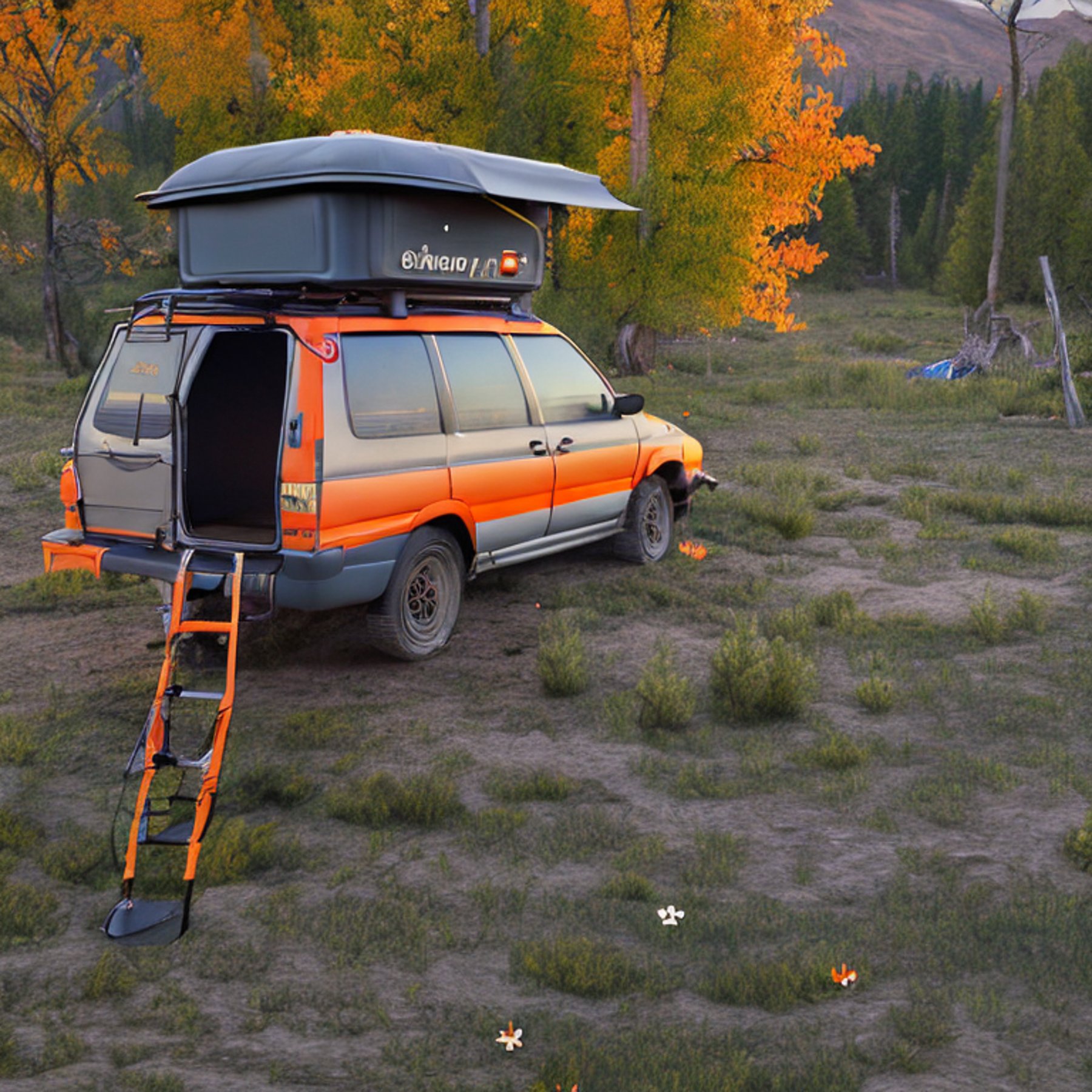 A gray and orange Subaru sits on a dirt campsite beneath a soft sunrise. Its rooftop tent is open, while fall-colored trees, wildflowers, and light fog create a peaceful Idaho setting. A distant camper shines a flashlight across the plains.