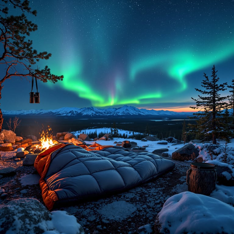A cozy campsite sits on snowy ground, glowing beside a crackling campfire. The night sky shines with colorful northern lights above quiet mountains. It feels peaceful and magical under the twinkling stars.