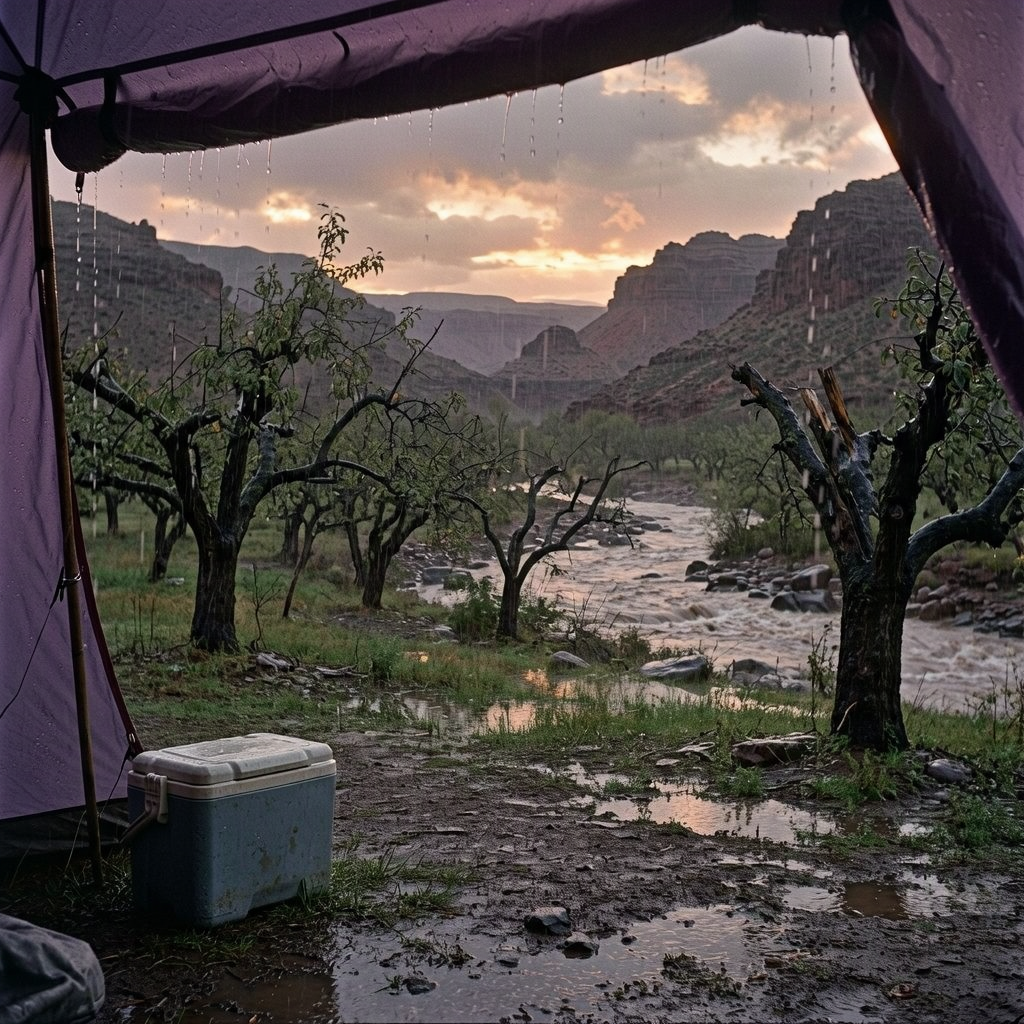 From beneath a purple tent porch, a rain-soaked orchard and swollen stream fill the view. Water drips from the awning onto muddy ground beside a scuffed cooler.