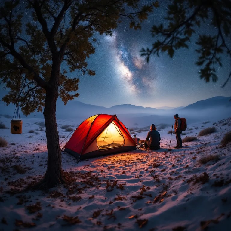 A bright red tent rests among small trees at White Sands National Park. Hikers gather nearby as a meteor shower lights the foggy night sky. Leaves cover the ground, and a food container hangs safely from a tree.