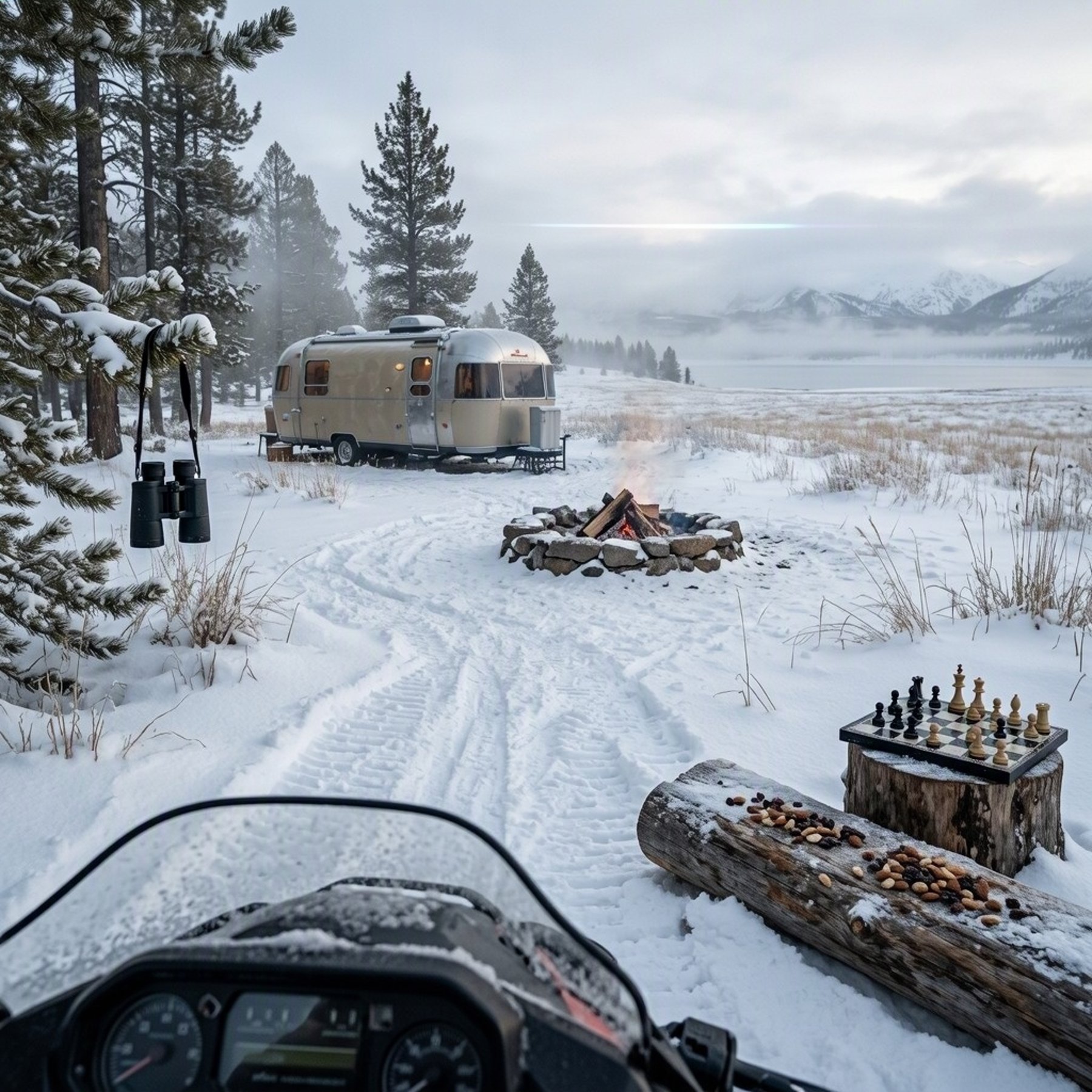 A quiet winter campsite rests among pine trees and snowy grass. A cozy beige trailer, glowing fire ring, and half-finished chess game invite you to stay awhile. Mist drifts through the trees as a snowy trail leads into the open plain.