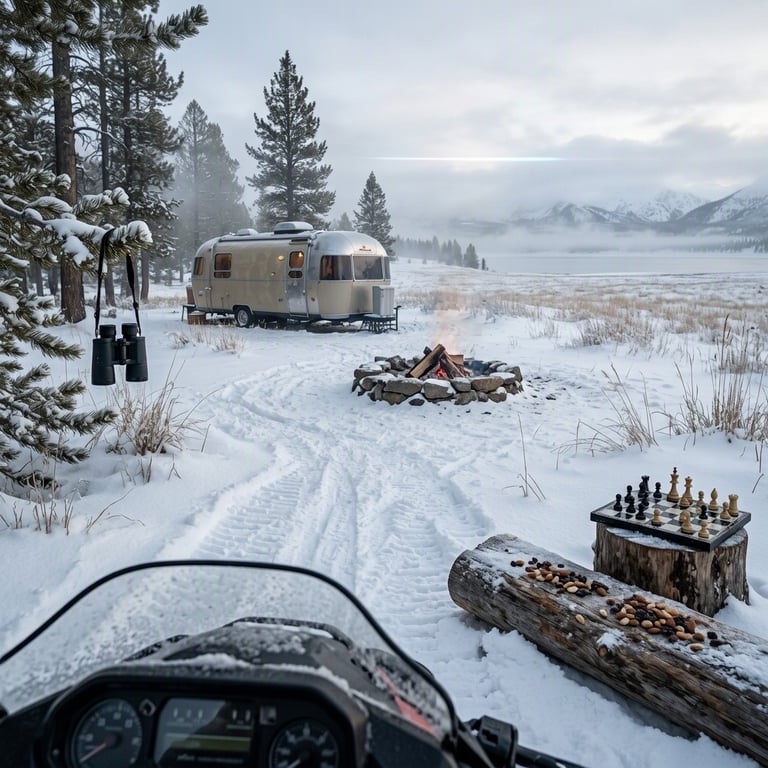 A quiet winter campsite rests among pine trees and snowy grass. A cozy beige trailer, glowing fire ring, and half-finished chess game invite you to stay awhile. Mist drifts through the trees as a snowy trail leads into the open plain.