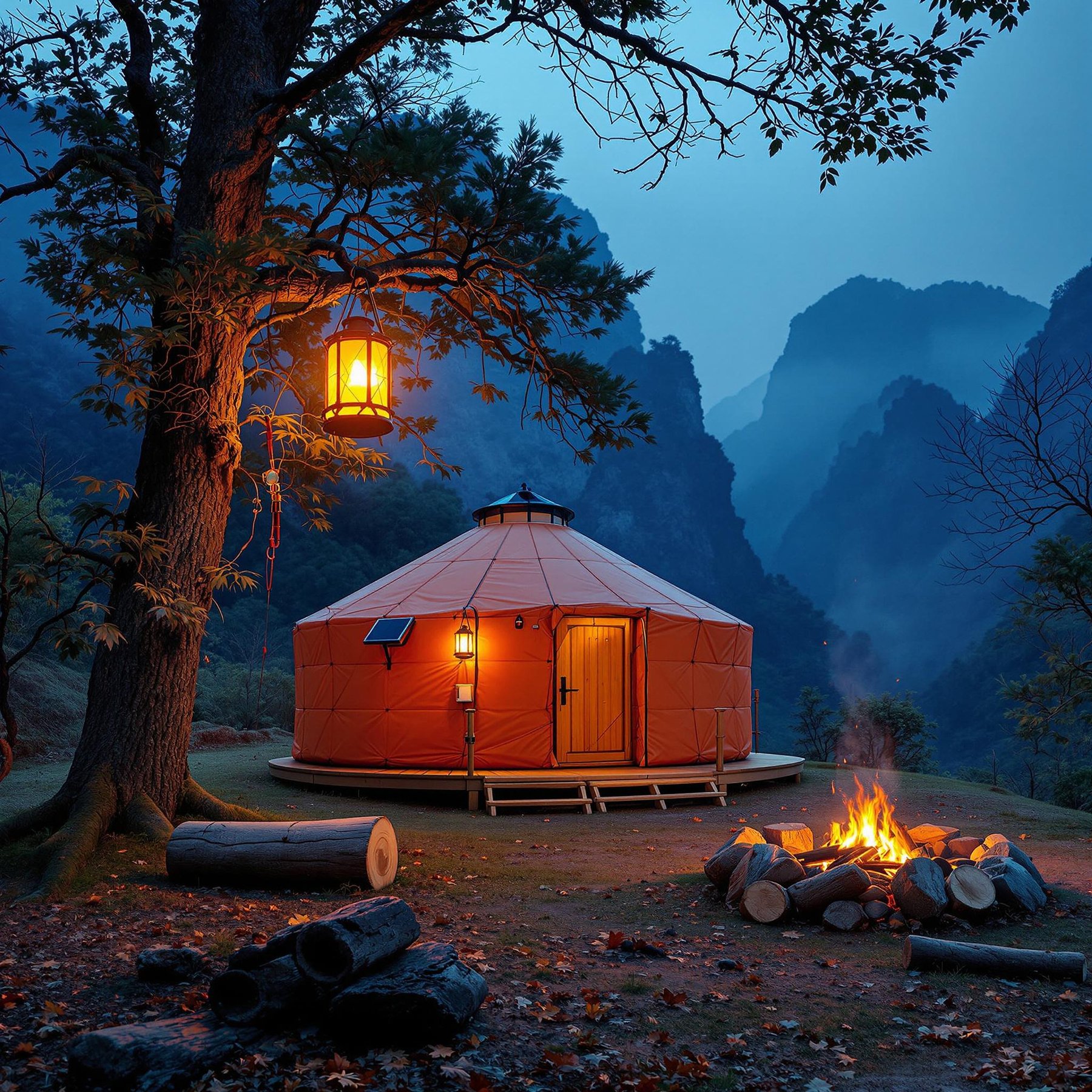 This cozy tent glows with warm light in the middle of tall, misty mountains. A bright campfire and lanterns make the campsite feel safe and magical. It’s a perfect spot to relax and enjoy nature.