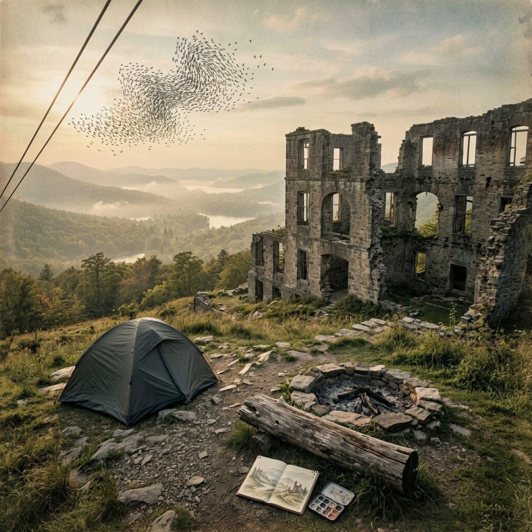 A quiet tent rests among wild grass and stony ground beside the old mountain ruins. A stone fire ring, fallen log, and open sketchbook add a cozy touch, while starlings sweep across the hazy Catskill Valley.