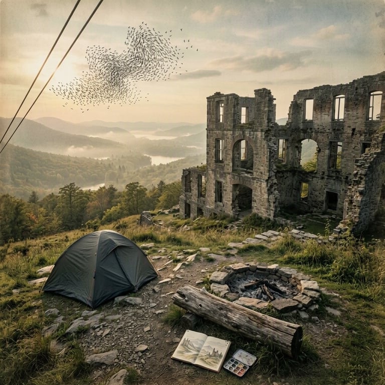 A quiet tent rests among wild grass and stony ground beside the old mountain ruins. A stone fire ring, fallen log, and open sketchbook add a cozy touch, while starlings sweep across the hazy Catskill Valley.