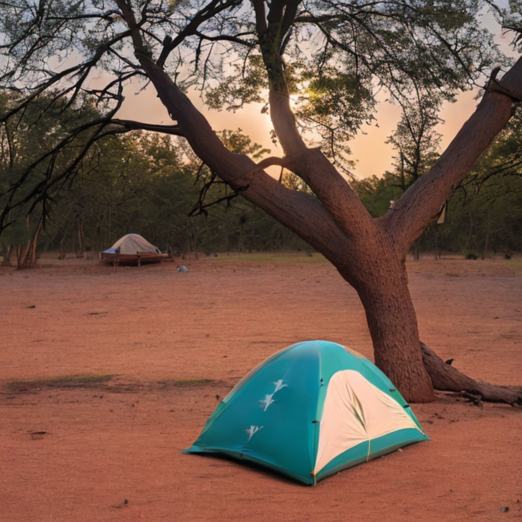 A bright teal tent rests on a quiet dirt patch in a petrified forest. Golden sunlight warms the stones, trees, and a nearby hammock. Clothes sway on a simple line under the clear sky.