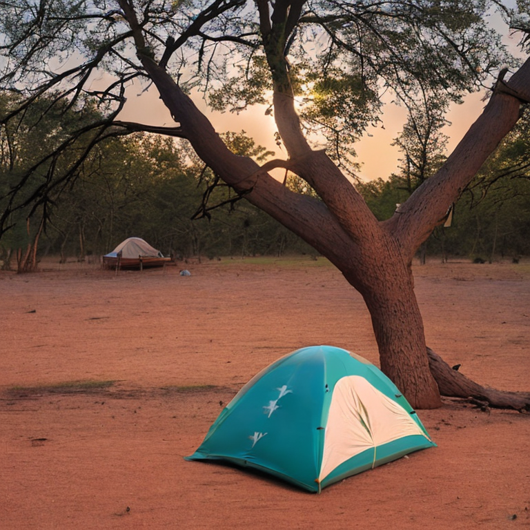 A bright teal tent rests on a quiet dirt patch in a petrified forest. Golden sunlight warms the stones, trees, and a nearby hammock. Clothes sway on a simple line under the clear sky.