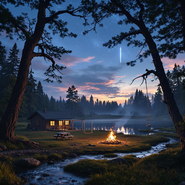 In a cozy forest clearing by a peaceful lake, a warm campfire crackles under the twinkling stars. A little cabin with glowing windows sits nearby, inviting you to relax and enjoy the quiet night. A swing hangs from a tall pine tree, ready for a gentle ride under the sky.