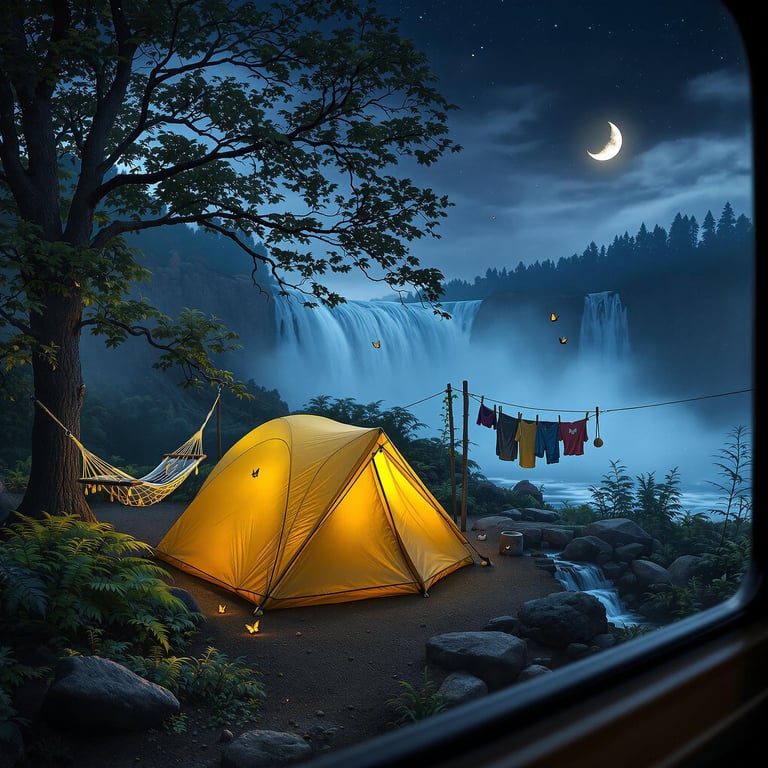 A bright yellow tent rests beside Niagara Falls under a crescent moon. Ferns, a hammock, and a clothesline fill the misty campsite, while butterflies flutter near a small waterfall.