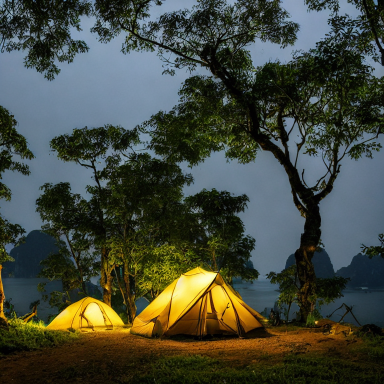 A green and tan tent rests on a paved campsite in Halong Bay as soft sunrise light spreads over the misty hills. Large trees and boulders surround the damp ground, while a warm flashlight glows inside the tent.
