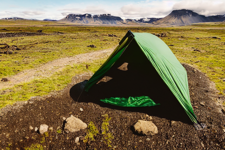 A green tent rests on a quiet dirt campsite in Iceland as the sun sets. Clothes hang from a nearby line, while large rocks and patches of gravel surround the camp. In the distance, a person shines a flashlight through the peaceful landscape.