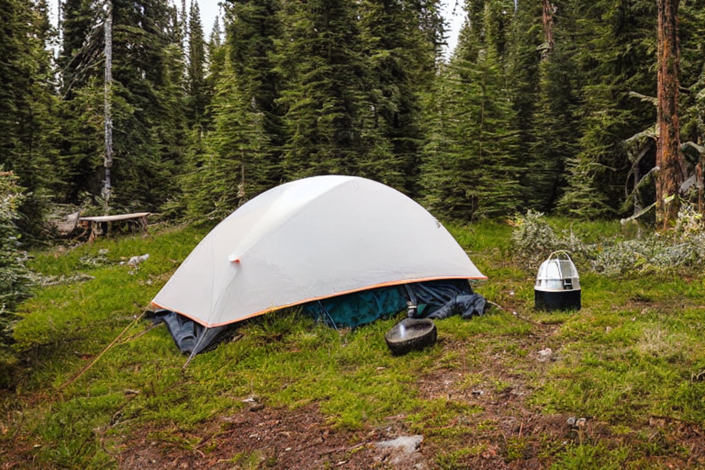A white tent rests beside a small, clear stream in a sunny Washington campsite. A warm campfire sits on a patch of dirt, with lanterns nearby and berry bushes adding a touch of color.