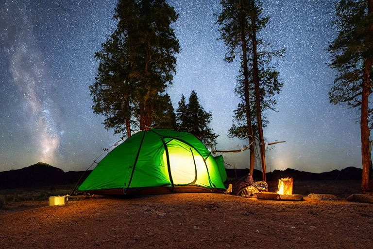 A green tent rests on a dirt clearing in the rainy New Mexico desert. Tall trees, broad stone slabs, and a glowing campfire make the campsite feel warm and peaceful. A lantern shines nearby while clothes sway on a small clothesline.
