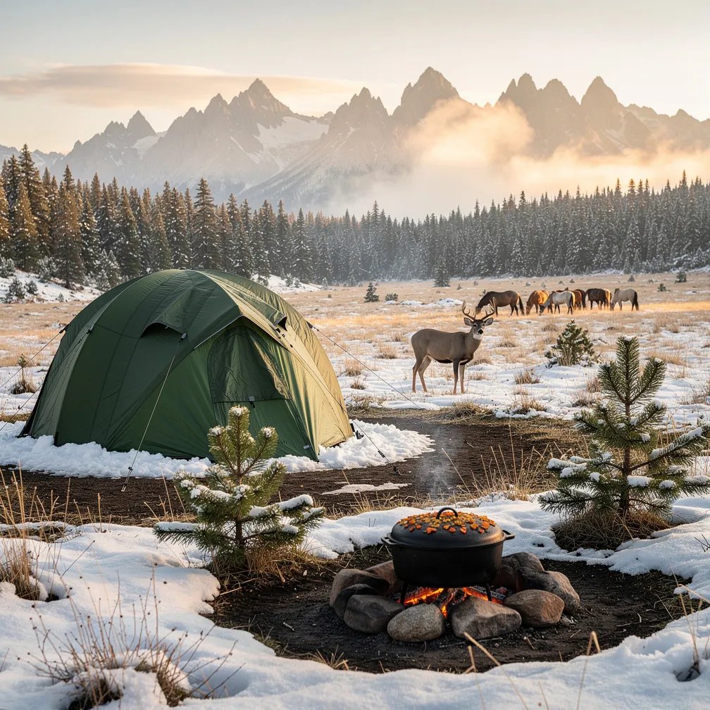 A forest-green tent sits at the edge of a snowy meadow, with tall pines close by and rugged mountains far away. Warm late-day sunlight glows on a dutch oven resting on red coals, while cool shadows stretch across the ground. In the distance, a mule deer stands still and a small band of wild horses grazes in a quiet valley under a pale, hazy sky.