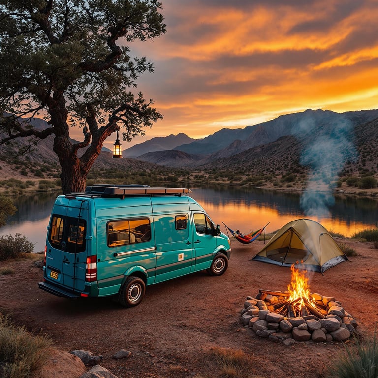 A turquoise van rests beside a quiet lake in Big Bend National Park as the sun sets. A hammock hangs between the trees, with a glowing lantern nearby and a tent set up on the ground. Smoke rises from the campfire while the mountains reflect in the water.