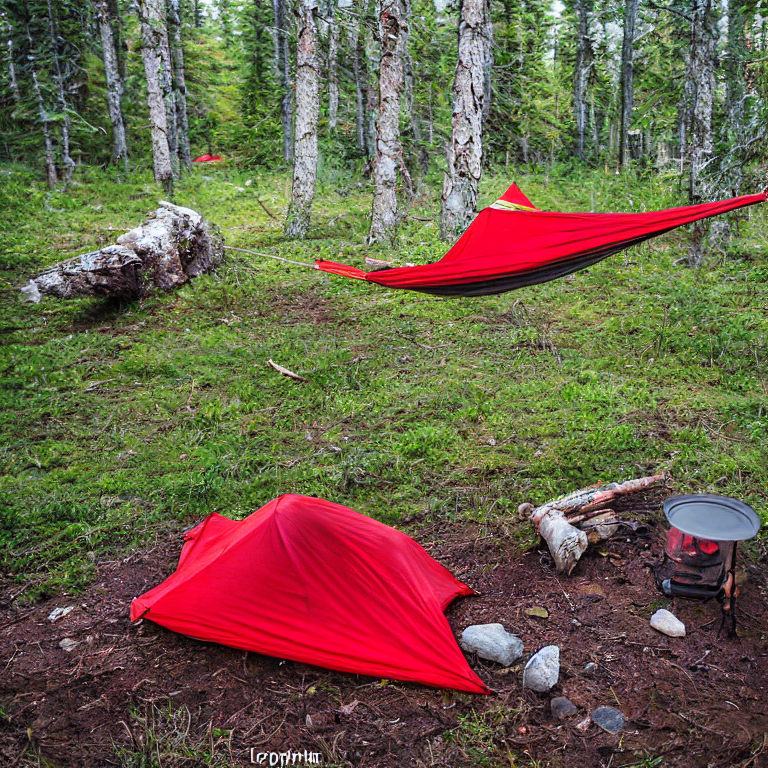A red tent rests on a quiet dirt clearing along the Maine coast. A hammock hangs between the trees, while camping gear and a large log sit near the stone-ringed fire pit. Cloudy night skies create a calm, cozy mood.