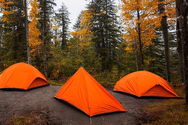 Two bright orange tents sit on a paved campsite beside the ocean. Fog drifts through the fall-colored trees, while waves roll in and surfers move along the shore. Camping chairs and a distant flashlight add a cozy, peaceful feeling.