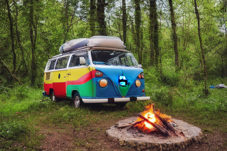 A colorful VW campervan rests on a dirt clearing in the lush forests of Plitvice Lakes National Park. Ferns surround the campsite, while logs sit around a warm campfire. Stormy skies add a wild, cozy feeling to the scene.