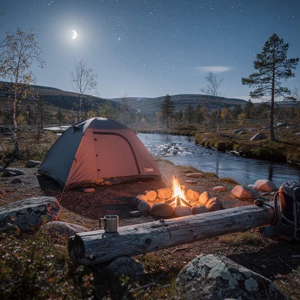 A charcoal-gray tent sits by a narrow stream on rocky tundra in far-off Lapland. A small campfire glows warm and bright, with a weathered log nearby for a seat. Above the low hills, a thin crescent moon and sharp stars shine in the cold, quiet night.