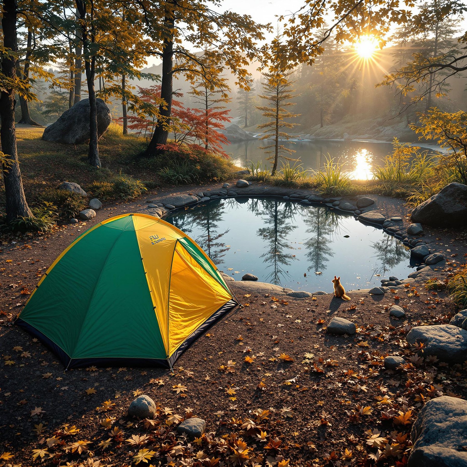 A cozy tent sits by a sparkling pond surrounded by colorful autumn leaves. The sun peeks through the trees, casting a warm, golden glow. A curious little fox watches quietly, adding a touch of magic to the peaceful morning scene.