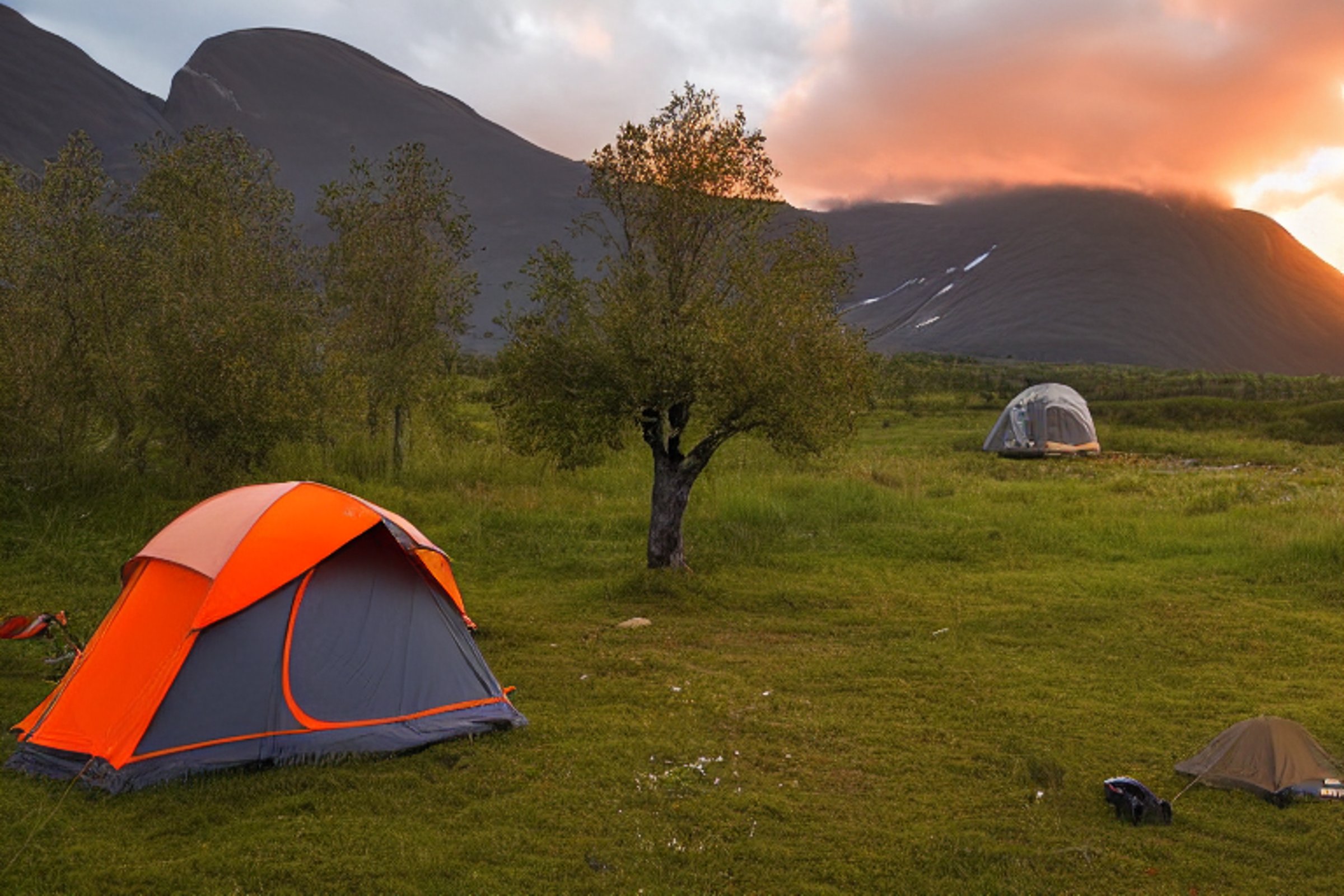 A gray and orange tent rests on a quiet dirt patch among tall grass. A hammock hangs between the trees, while a distant camper shines a flashlight. Cloudy golden light glows over the Norwegian mountains.