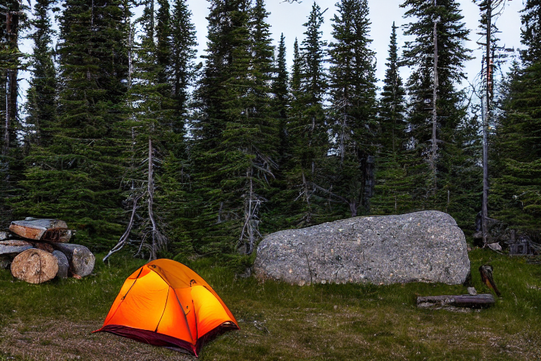 A forest-green tent rests on a dirt clearing in Banff National Park. Rainy hills, boulders, and tall trees surround the campsite, while a small campfire glows among the stones.