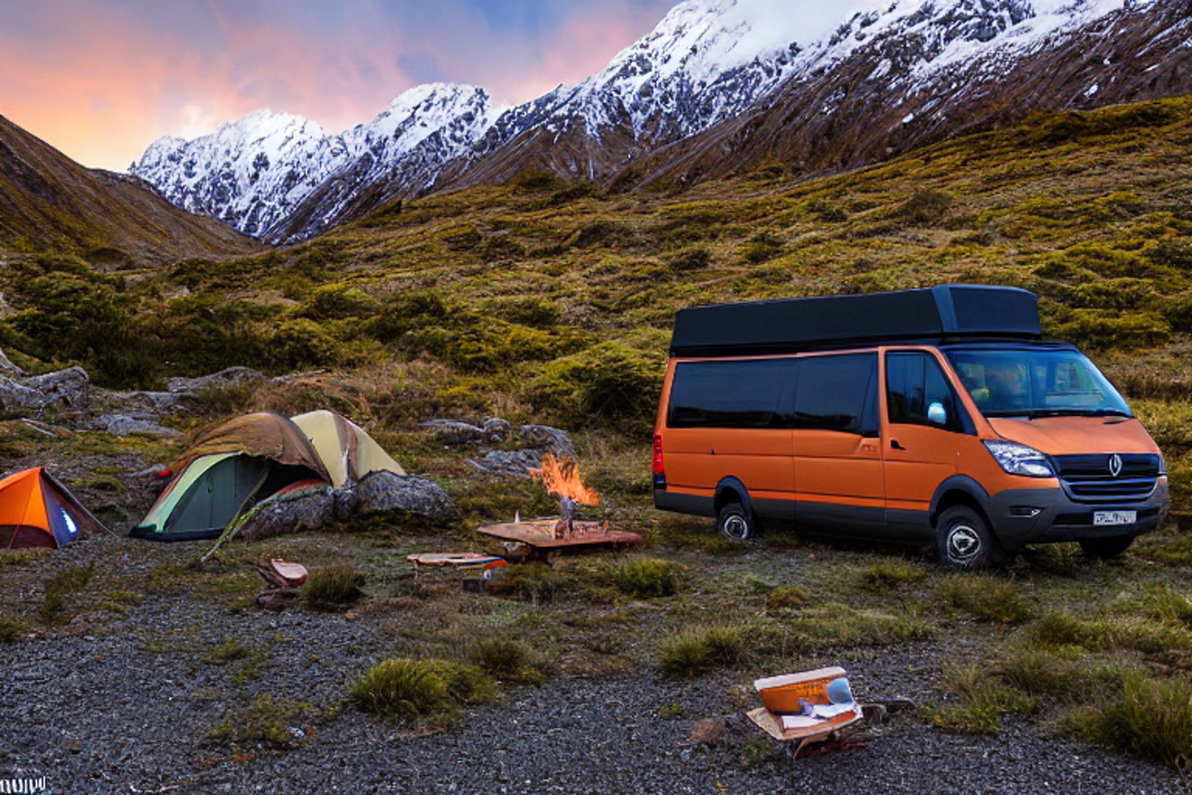 An orange camper van rests on a dirt clearing among rocky boulders in Mount Cook National Park. A warm campfire glows beside camping gear as the sun sets under a clear sky.