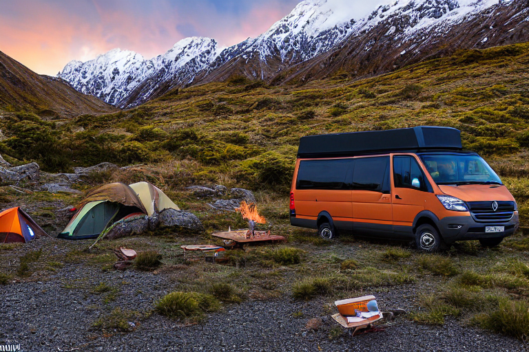 An orange camper van rests on a dirt clearing among rocky boulders in Mount Cook National Park. A warm campfire glows beside camping gear as the sun sets under a clear sky.