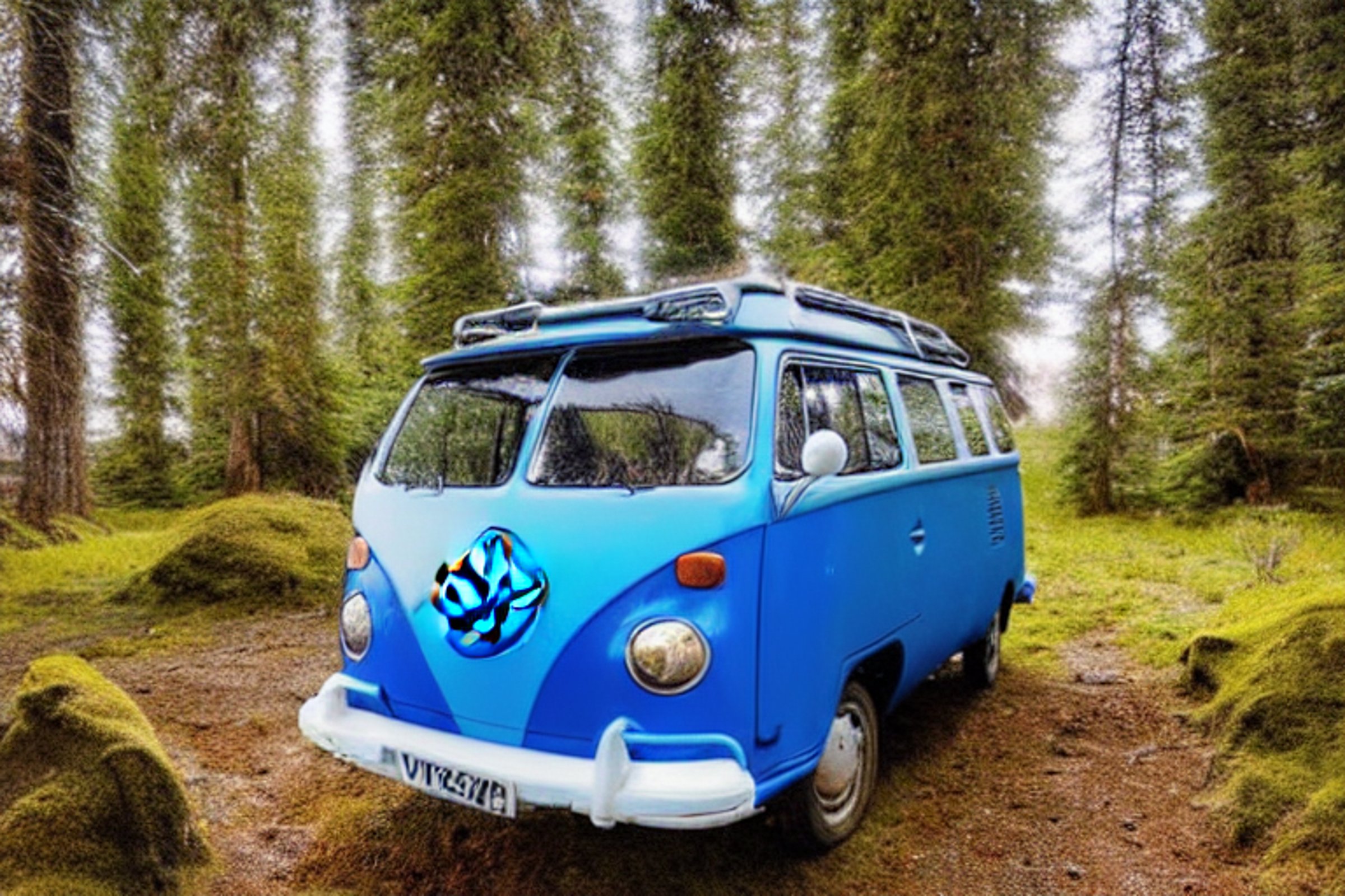 A blue camper van rests on a dirt patch near a snowy San Diego beach. Mossy trees, a large rock, and a box of camping gear surround the cozy campsite, while the moon glows in the night sky.