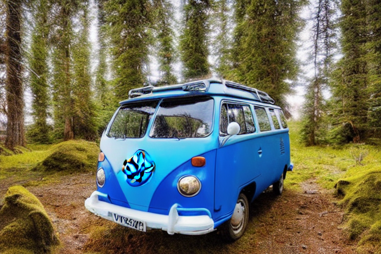 A blue camper van rests on a dirt patch near a snowy San Diego beach. Mossy trees, a large rock, and a box of camping gear surround the cozy campsite, while the moon glows in the night sky.