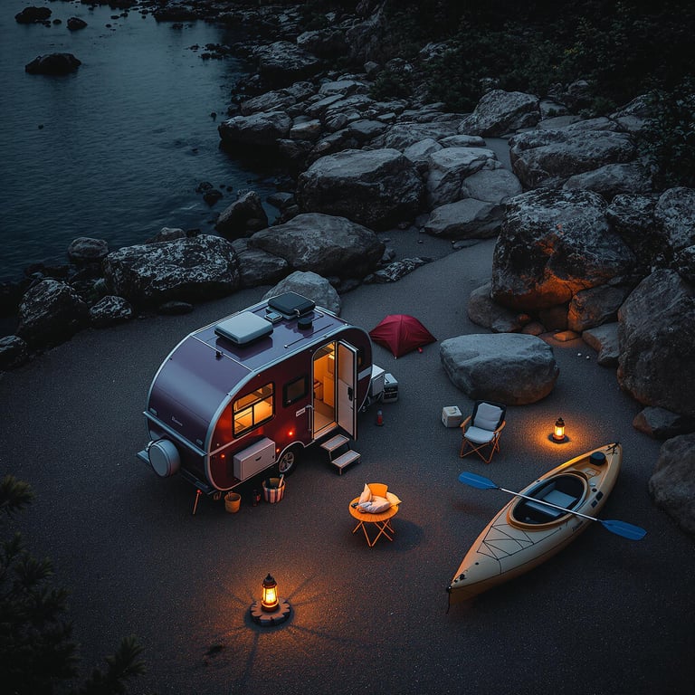 A burgundy pop-up camper rests among towering sequoias under a dark, stormy sky. A kayak sits by the shore, while a lantern glows beside a large rock on the gravel ground.