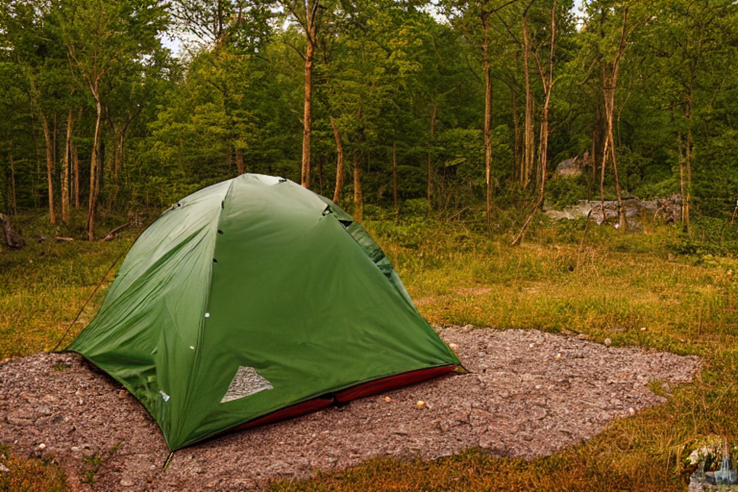 A green camo tent glows softly beside a rocky campsite in the snowy Ozarks. A warm campfire burns in a ring of stones, with mountains rising in the distance beneath the sunset sky.