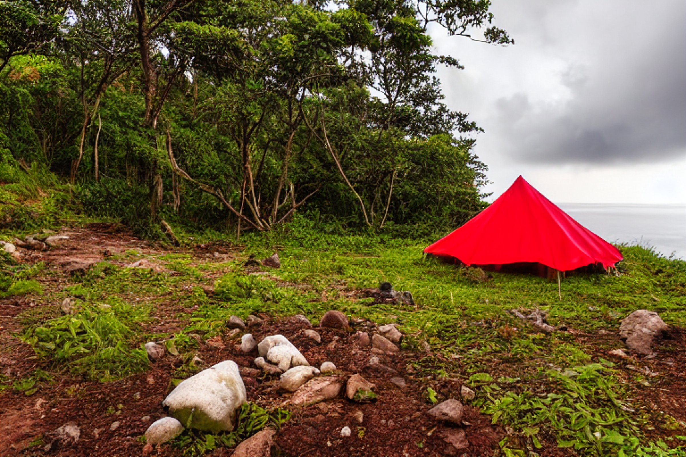 A red and white tent rests on a paved campsite in Soufrière, St. Lucia. Ferns, stones, and large boulders surround a dirt patch, while stormy sunset clouds fill the sky.