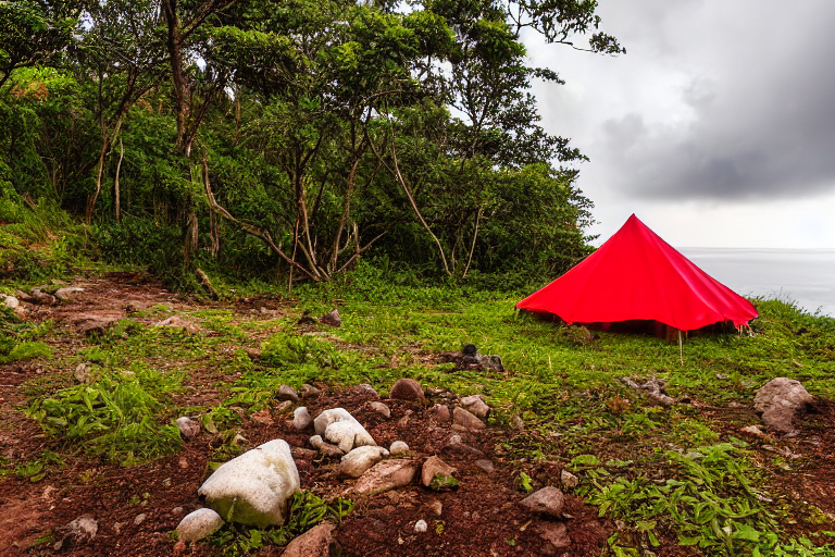 A red and white tent rests on a paved campsite in Soufrière, St. Lucia. Ferns, stones, and large boulders surround a dirt patch, while stormy sunset clouds fill the sky.
