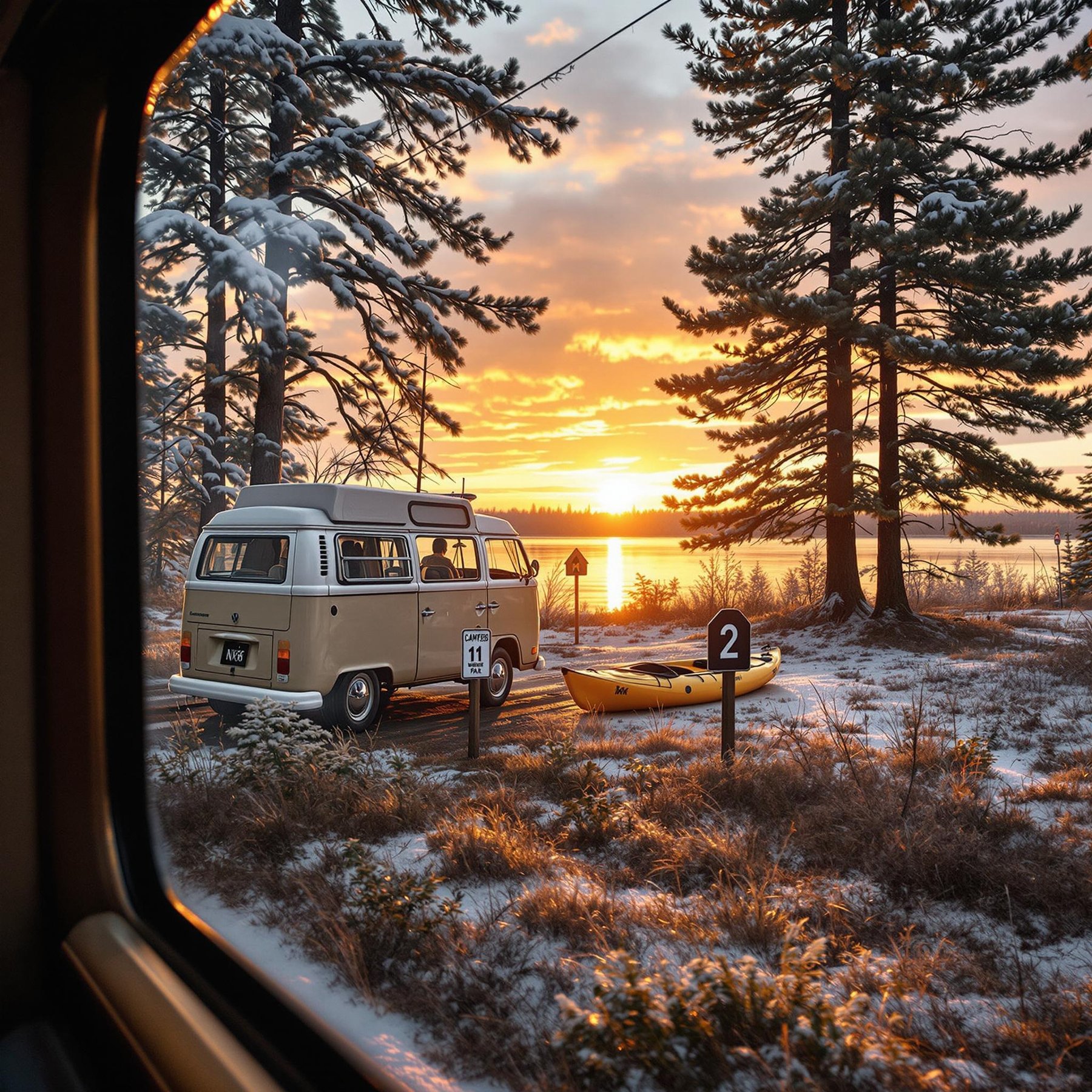 A cozy campervan sits by a snowy lake as the sun sets, painting the sky orange and gold. Tall pine trees surround the peaceful spot, while a yellow kayak eagerly waits for adventure. It's a perfect place to enjoy nature's beautiful show.