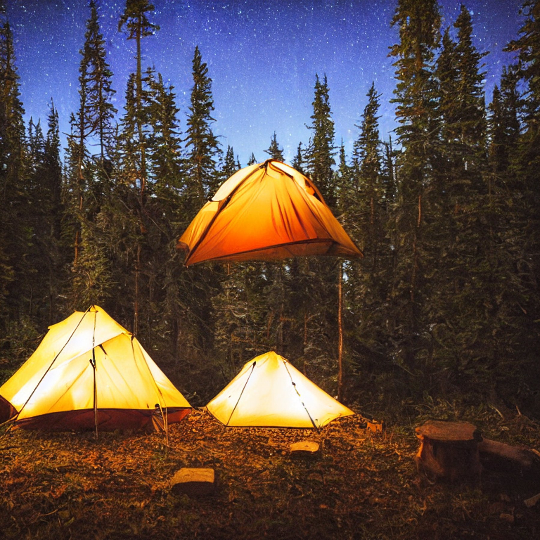 A cozy tent glows beside a crackling campfire in an overgrown forest. Tall bushes surround the dirt campsite, while green auroras dance across the night sky.