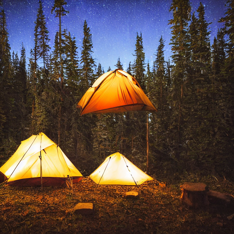 A cozy tent glows beside a crackling campfire in an overgrown forest. Tall bushes surround the dirt campsite, while green auroras dance across the night sky.