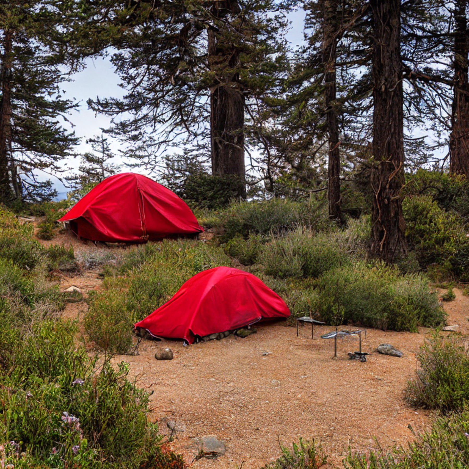 A bright red tent sits on a paved campsite in Big Sur at night. Rocky ground, large bushes, and scattered stones surround a small dirt patch and picnic table. The open sky and quiet setting create a peaceful outdoor retreat.