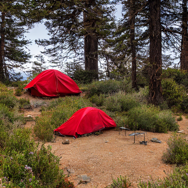 A bright red tent sits on a paved campsite in Big Sur at night. Rocky ground, large bushes, and scattered stones surround a small dirt patch and picnic table. The open sky and quiet setting create a peaceful outdoor retreat.