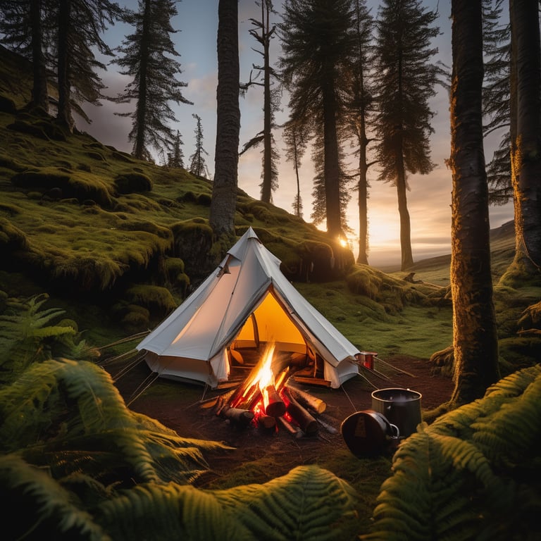 A cozy white tent rests in Iceland’s green wilderness beneath a clear sky. A warm campfire glows among the logs, with ferns and a tree stump nearby. The campsite is seen through a sparkling waterfall, creating a peaceful magic-hour mood.