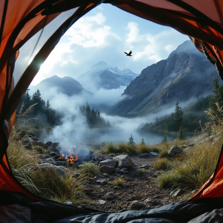 A burgundy tarp shelter rests in the tall grass of Glacier National Park. Campfire smoke drifts in the windy morning air as a golden eagle soars overhead. The view feels wild and peaceful, seen through a tent mesh window.
