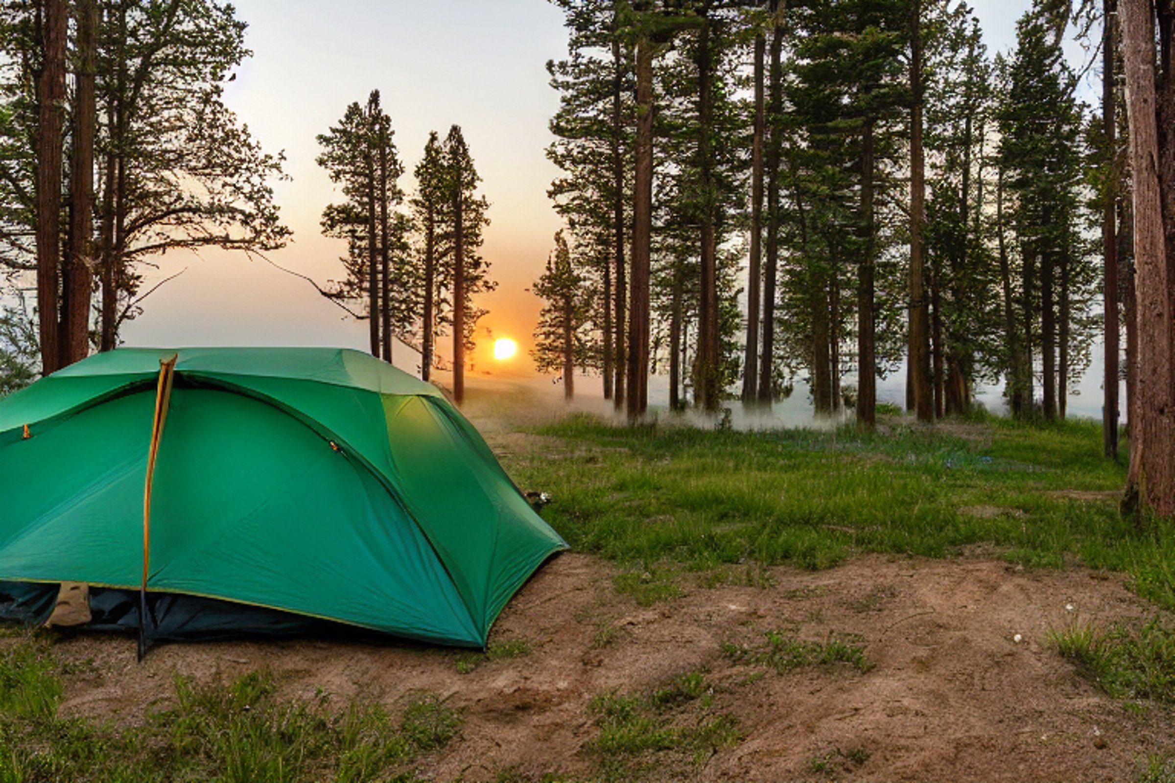 A green tent rests beside a glowing campfire among tall grass and shady trees. Stone patches and a small lantern add charm to the sandy campsite. Soft fog and sunset light create a calm, cozy mood.