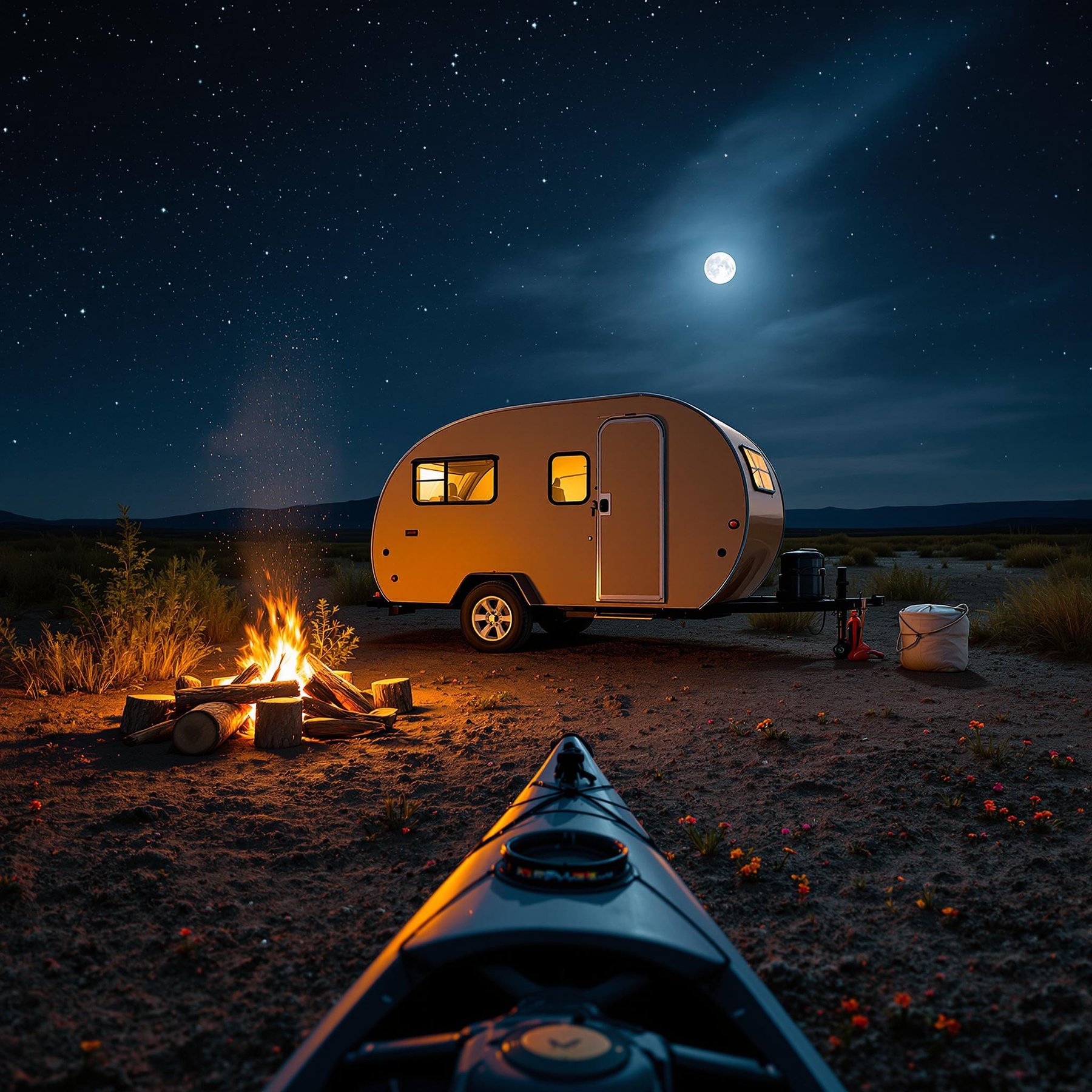 A cozy tan teardrop trailer rests on the open Idaho plains beneath a bright full moon. A warm campfire glows beside flower-speckled dirt while sleet falls softly. Monarch butterflies drift through the chilly night air.
