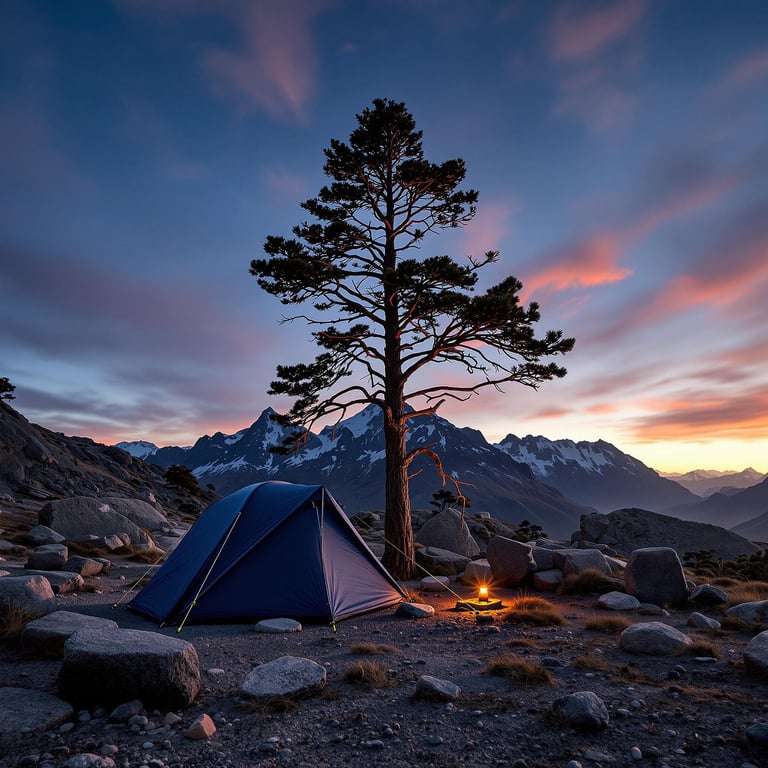 Under a colorful sunset sky, a cozy tent sits by a tall tree, surrounded by towering mountains. The warm glow of a campfire lights up the rocky ground, creating a perfect place for stories and adventure. Experience the magic of nature in this peaceful mountain campsite.