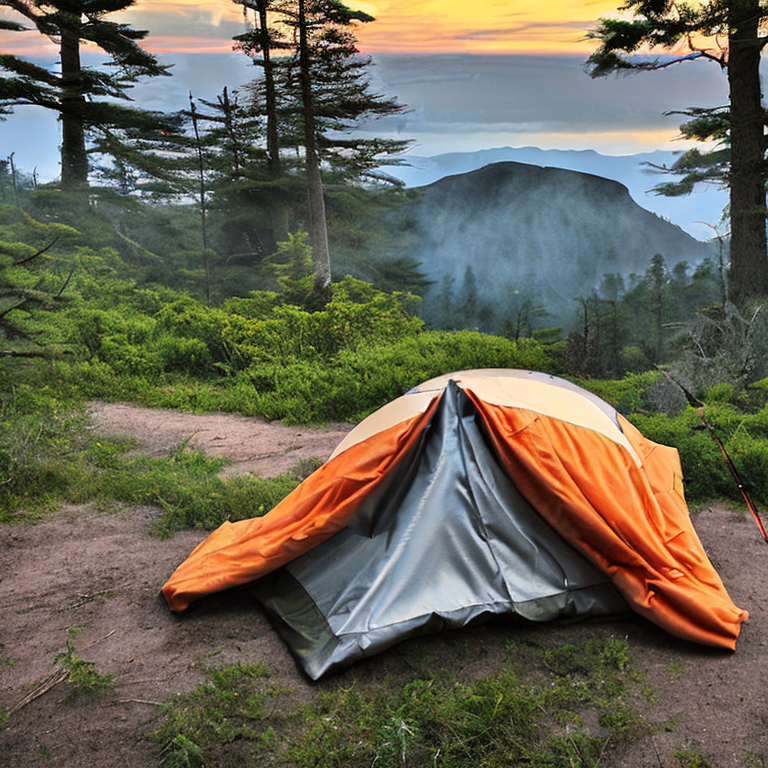A cozy tent rests beside a glowing campfire in a fern-covered forest. A dirt path leads toward misty mountains under a stormy sunset sky, with a backpack waiting nearby.