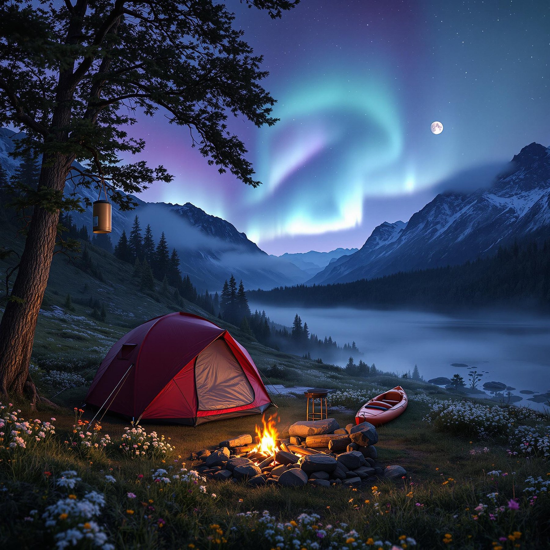 Under the shimmering northern lights, a cozy campsite glows with a crackling campfire by a serene mountain lake. A bright red tent sits beside a canoe, ready for adventure amidst the wildflowers. Tall, majestic mountains surround the scene, creating a magical, peaceful night.