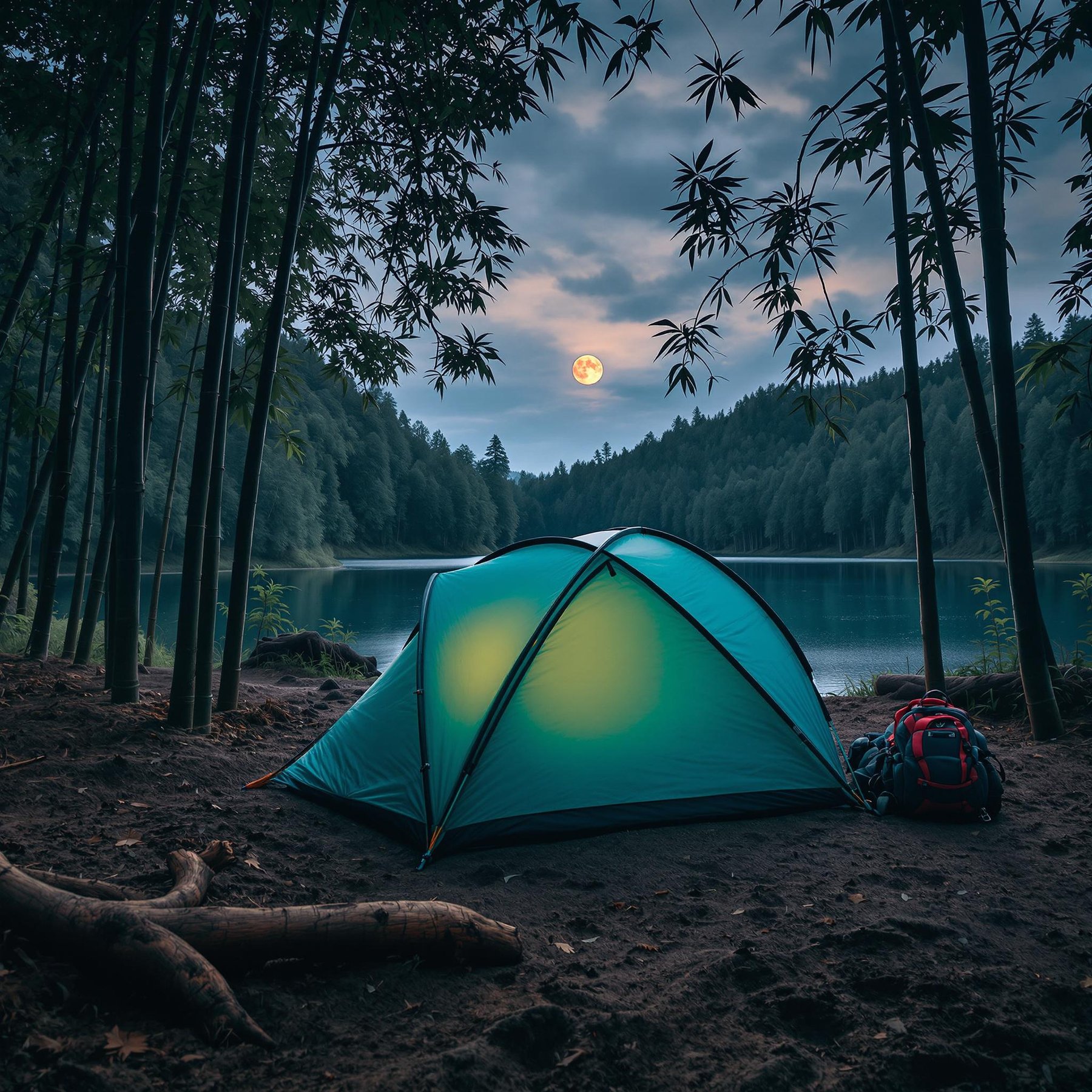 A glowing tent sits by a calm lake, surrounded by tall trees and soft dirt. The full moon shines in the sky, lighting up the peaceful forest. It feels quiet and magical in this cozy spot.