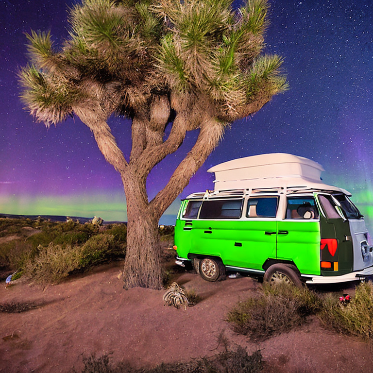 A green campervan rests beside a warm campfire on a quiet dirt patch in Joshua Tree. Above, bright northern lights dance across the clear night sky near a distant moon. Berry bushes and shadowy trees surround the cozy campsite.
